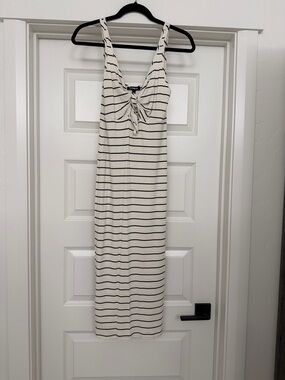 Express Cream and Black Striped Tie-Front Midi Dress